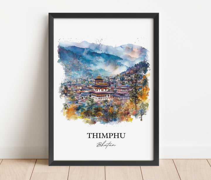 Thimphu Wall Art, Thimphu Bhutan Print, Bhutan Watercolor Art, Thimphu Bhutan Gift, Travel Print, Travel Poster, Housewarming Gift