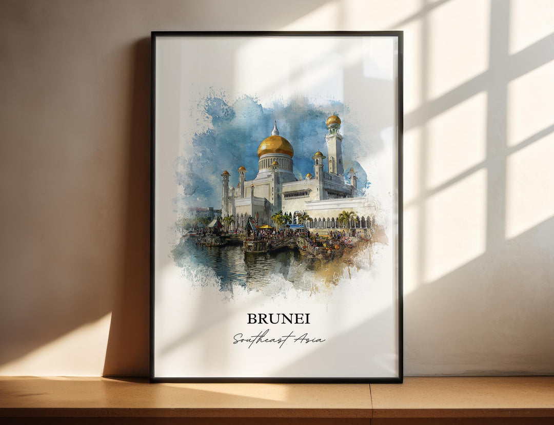 Brunei Wall Art, Brunei Print, Brunei Watercolor Art, Brunei Country Gift, Travel Print, Travel Poster, Housewarming Gift