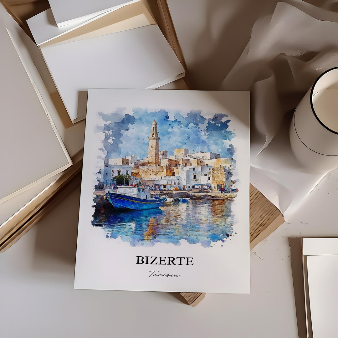 Bizerte Wall Art, Bizerte Tunisia Print, Tunisia Watercolor Art, Bizerte Gift, Travel Print, Travel Poster, Housewarming Gift