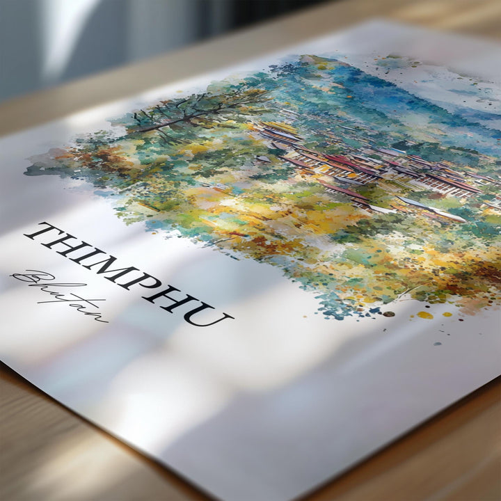 Thimphu Wall Art, Thimphu Skyline Print, Bhutan Watercolor Art, Thimphu Bhutan Gift, Travel Print, Travel Poster, Housewarming Gift