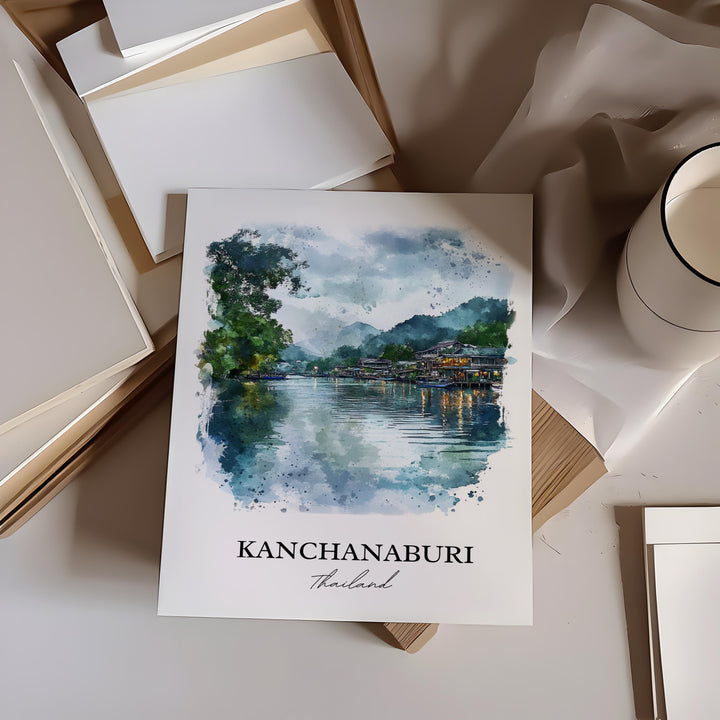 Kanchanaburi Wall Art, West Thailand Print, Thailand Watercolor Art, Kanchanaburi Gift, Travel Print, Travel Poster, Housewarming Gift