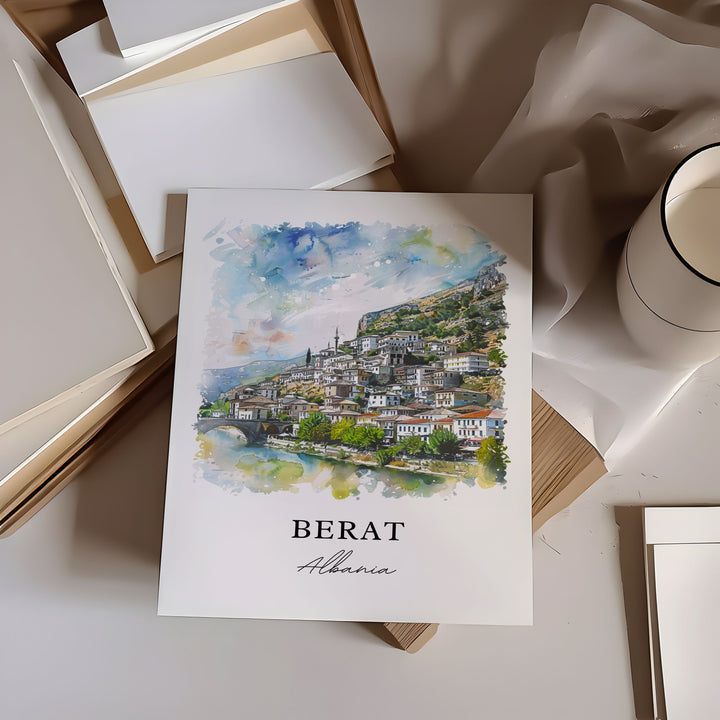 Berat Albania Wall Art, Berat Print, Berat Albania Watercolor, Berat Albania Gift, Travel Poster, Housewarming Gift