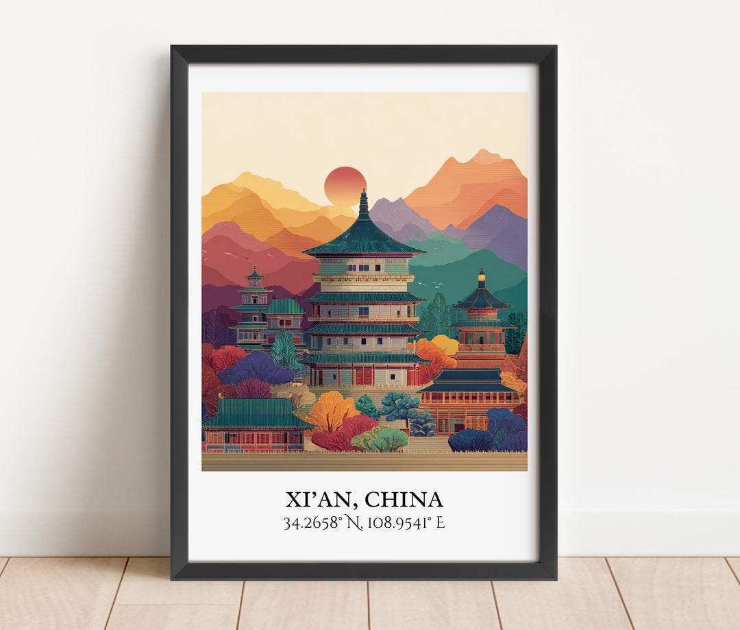 Xi'an China Art, Xi'an China Retro Travel Art, Xi'an Home Decor, Xi'an China Gift, China Travel Art, Travel Prints, Housewarming Gift