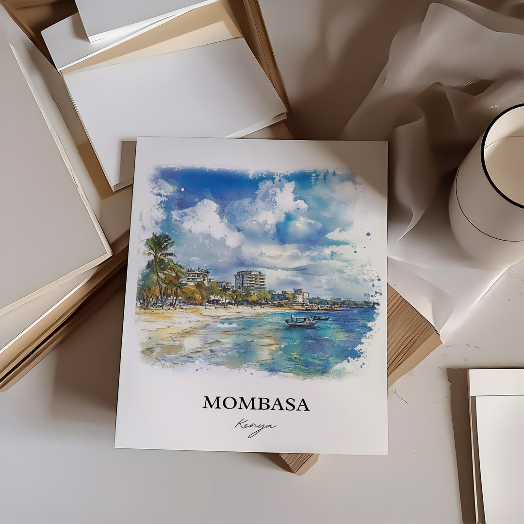 Mombasa Wall Art, Kenya Print, Kenya Watercolor Art, Mombasa Kenya Gift, Travel Print, Travel Poster, Housewarming Gift