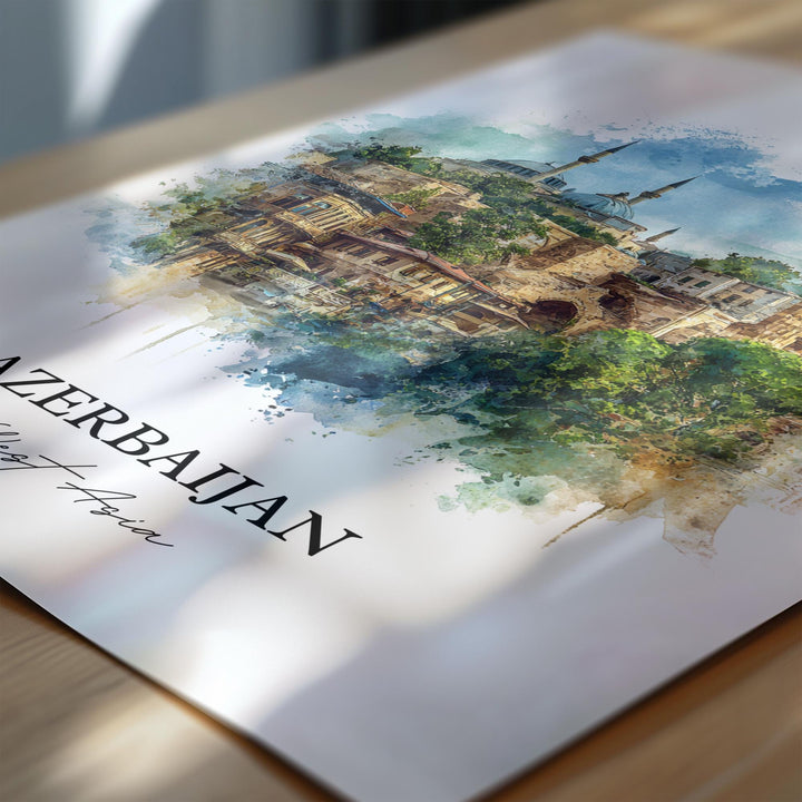 Azerbaijan Wall Art, Azerbaijan Print, Azerbaijan Watercolor Art, Azerbaijan Gift, Travel Print, Travel Poster, Housewarming Gift