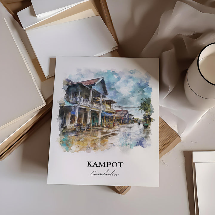 Kampot Wall Art, Preaek Tuek Chhu River Print, Cambodia Watercolor Art, Kampot Cambodia Gift, Travel Print, Travel Poster, Housewarming Gift