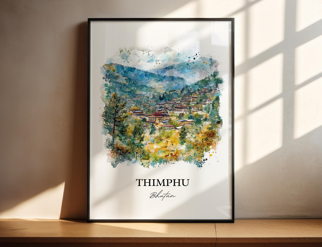 Thimphu Wall Art, Thimphu Skyline Print, Bhutan Watercolor Art, Thimphu Bhutan Gift, Travel Print, Travel Poster, Housewarming Gift