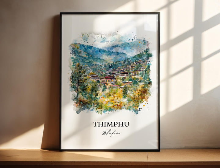 Thimphu Wall Art, Thimphu Skyline Print, Bhutan Watercolor Art, Thimphu Bhutan Gift, Travel Print, Travel Poster, Housewarming Gift