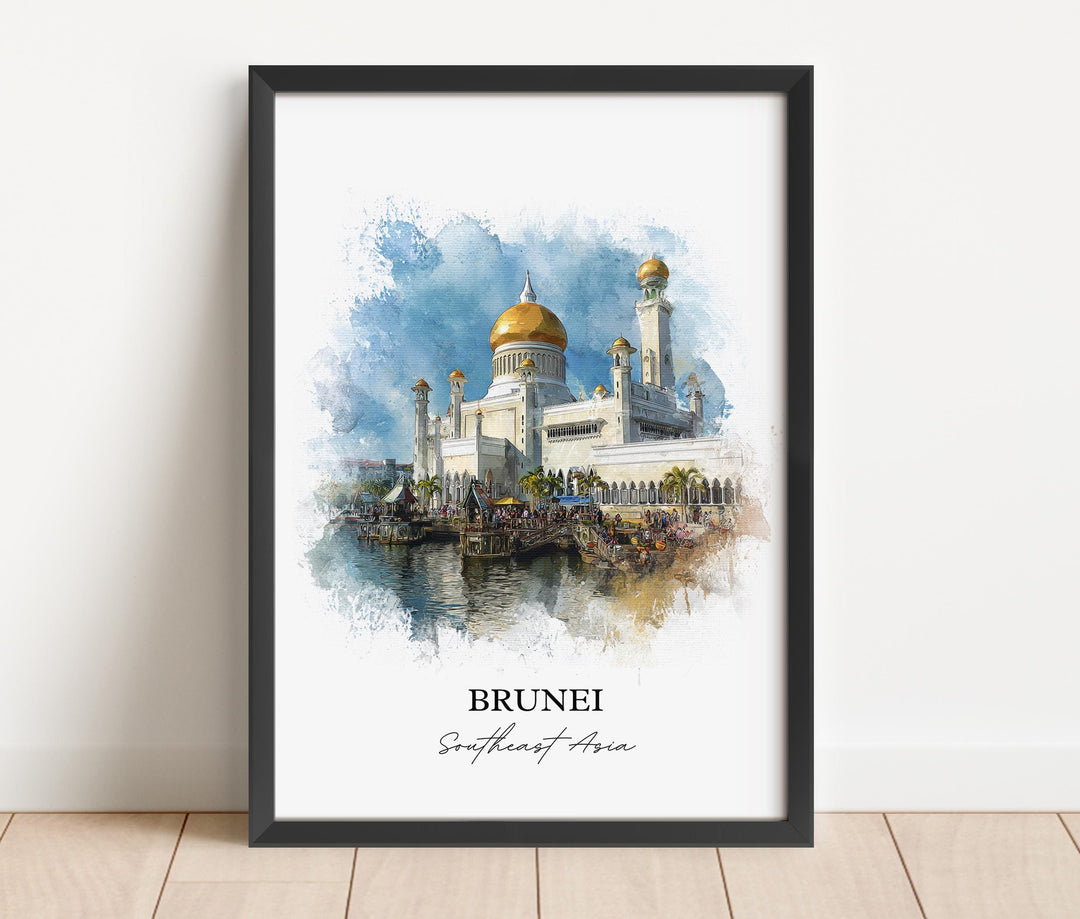 Brunei Wall Art, Brunei Print, Brunei Watercolor Art, Brunei Country Gift, Travel Print, Travel Poster, Housewarming Gift