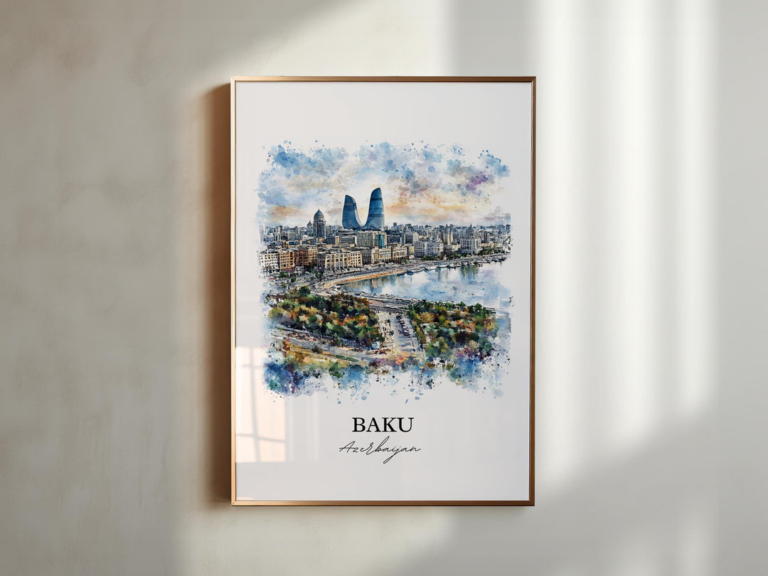 Baku Wall Art, Azerbaijan Print, Azerbaijan Watercolor Art, Baku Azerbaijan Gift, Travel Print, Travel Poster, Housewarming Gift