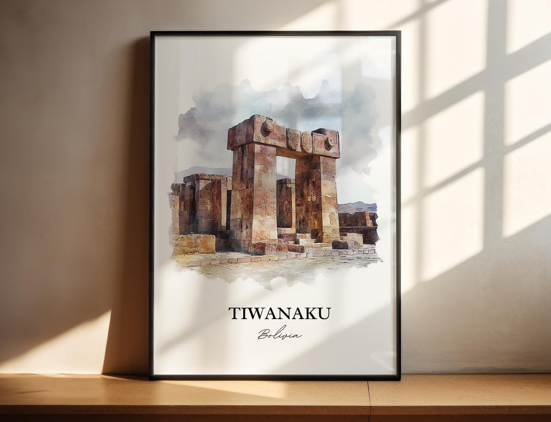 Tiwanaku Wall Art, Lake Titicaca Print, Bolivia Watercolor Art, Tiwanaku Bolivia Gift, Travel Print, Travel Poster, Housewarming Gift
