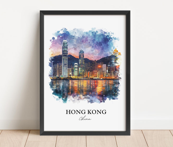 Hong Kong Wall Art, Hong Kong Skyline Print, China Watercolor Art, Hong Kong Gift, Travel Print, Travel Poster, Housewarming Gift