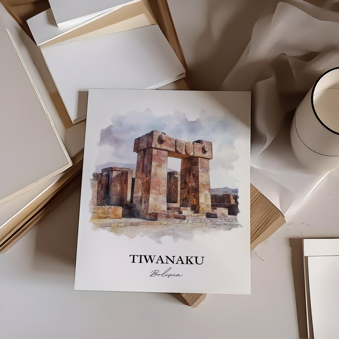 Tiwanaku Wall Art, Lake Titicaca Print, Bolivia Watercolor Art, Tiwanaku Bolivia Gift, Travel Print, Travel Poster, Housewarming Gift