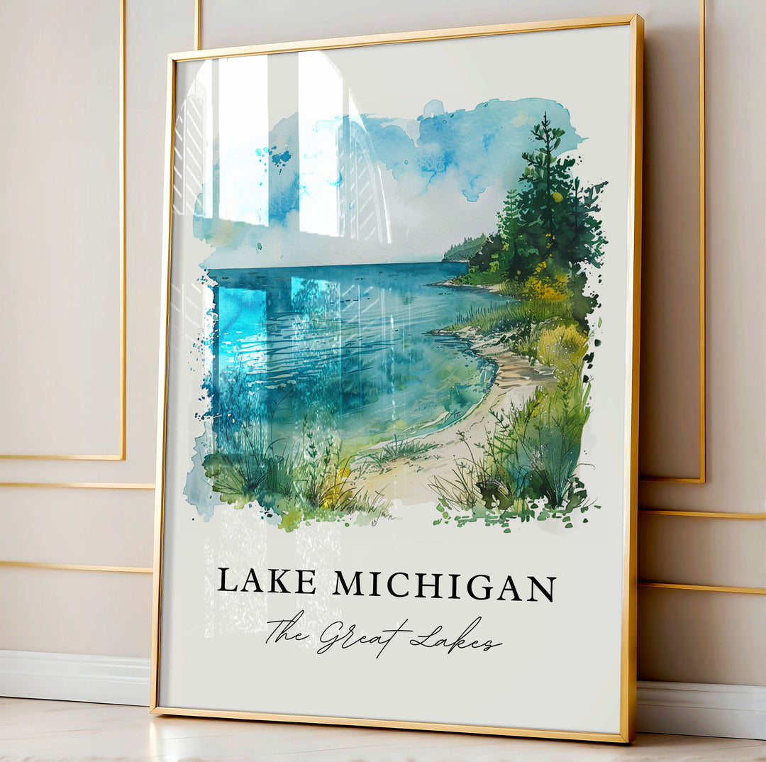 Lake Michigan Wall Art, Lake Michigan Print, The Great Lakes Watercolor, Great Lakes Gift,