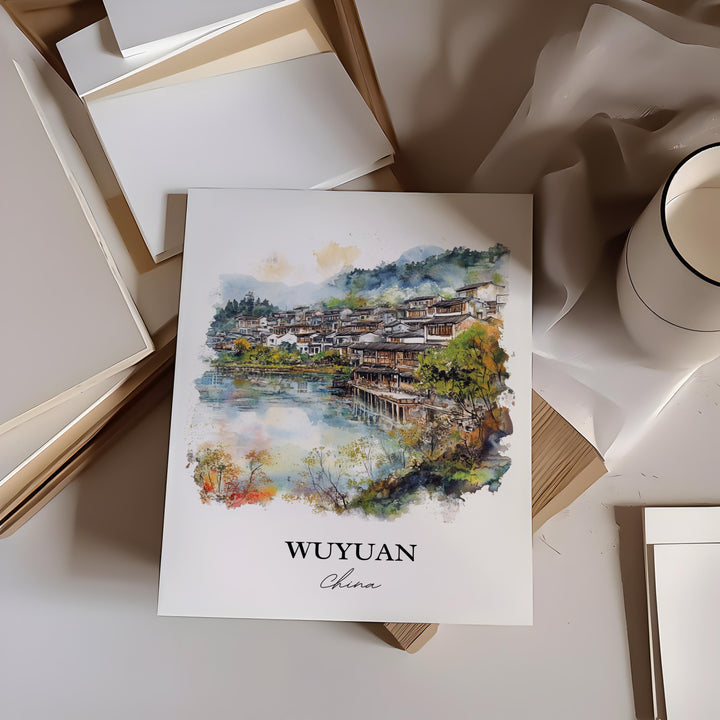 Wuyuan Wall Art, Wuyuan China Print, China Watercolor Art, Jiangxi Province Gift, Travel Print, Travel Poster, Housewarming Gift
