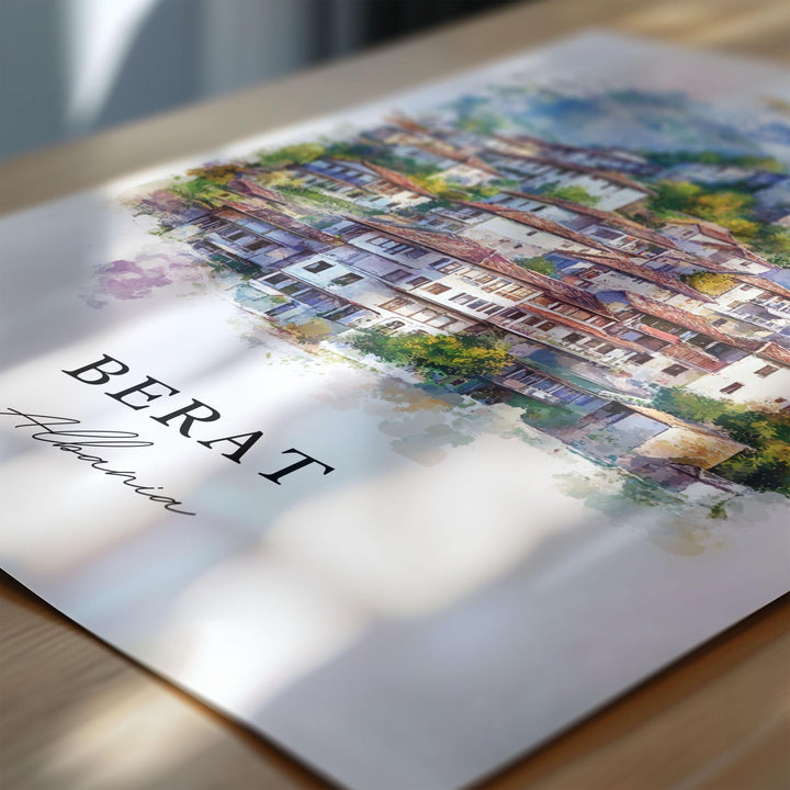 Berat Wall Art, Berat Albania Print, Berat Watercolor Art, Albania Gift, Travel Print, Travel Poster, Housewarming Gift