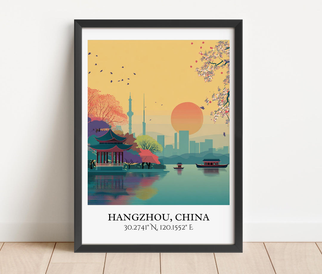 Hangzhou Art, Hangzhou Retro Travel Art, Hangzhou China Home Decor, Hangzhou Gift, China Travel Art, Travel Prints, Housewarming Gift