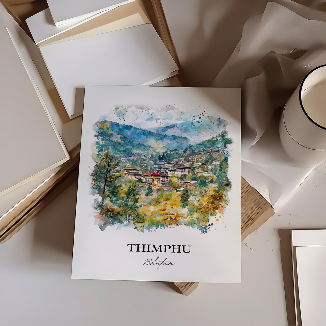 Thimphu Wall Art, Thimphu Skyline Print, Bhutan Watercolor Art, Thimphu Bhutan Gift, Travel Print, Travel Poster, Housewarming Gift