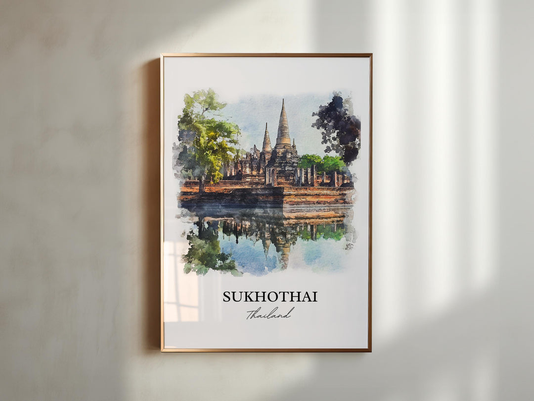 Sukhothai Wall Art, Thani Print, Thailand Watercolor Art, Sukhothai Gift, Travel Print, Travel Poster, Housewarming Gift