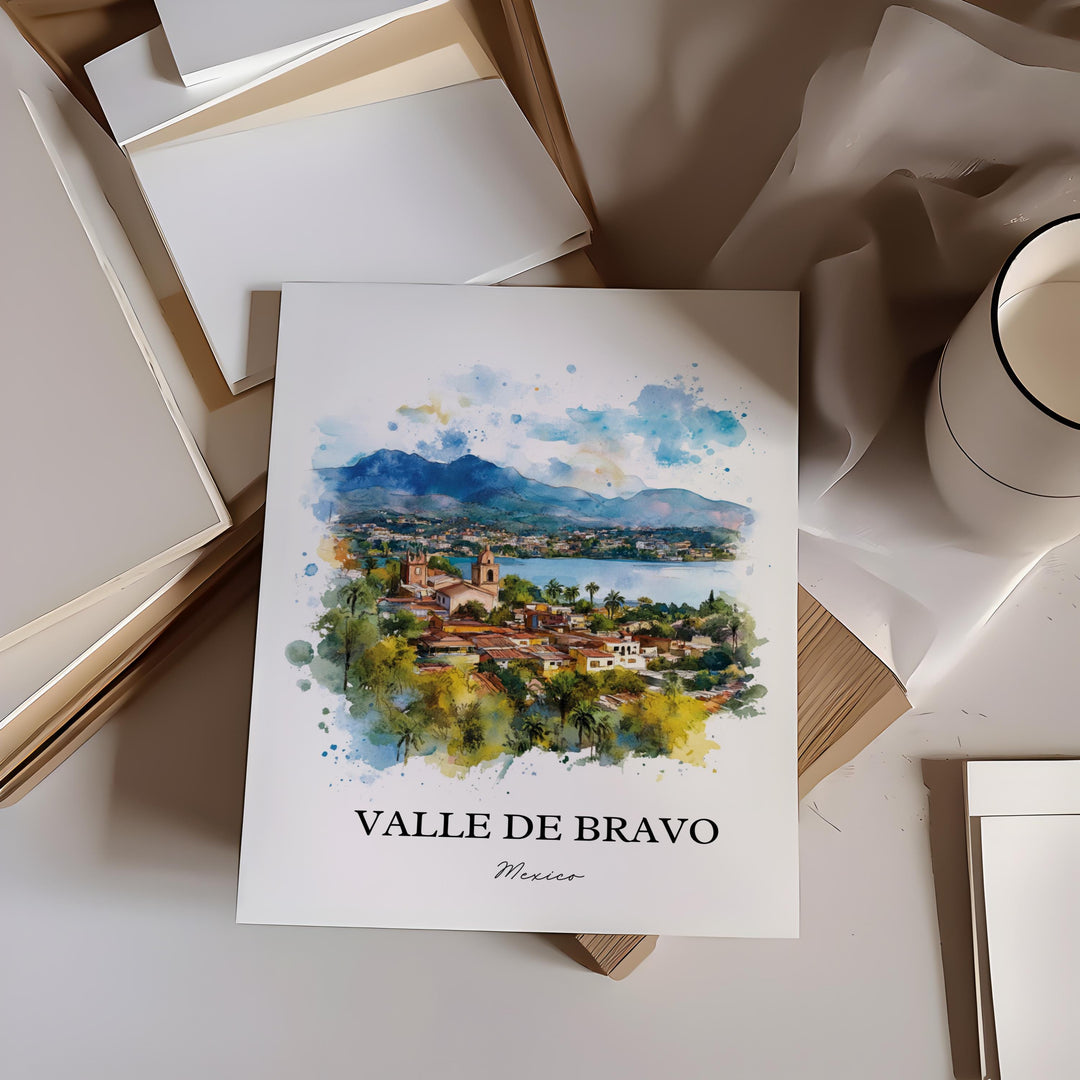 Valle de Bravo Wall Art, Lake Avándaro Print, Mexico Watercolor Art, Valle de Bravo Gift, Travel Print, Travel Poster, Housewarming Gift