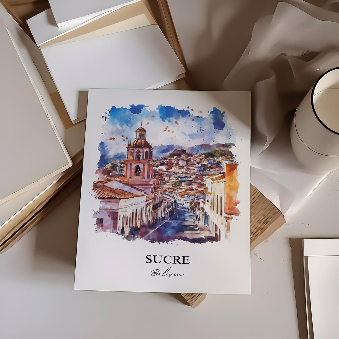 Sucre Bolivia Wall Art, Chuquisaca Dept Print, Bolivia Watercolor Art, Sucre Bolivia Gift, Travel Print, Travel Poster, Housewarming Gift