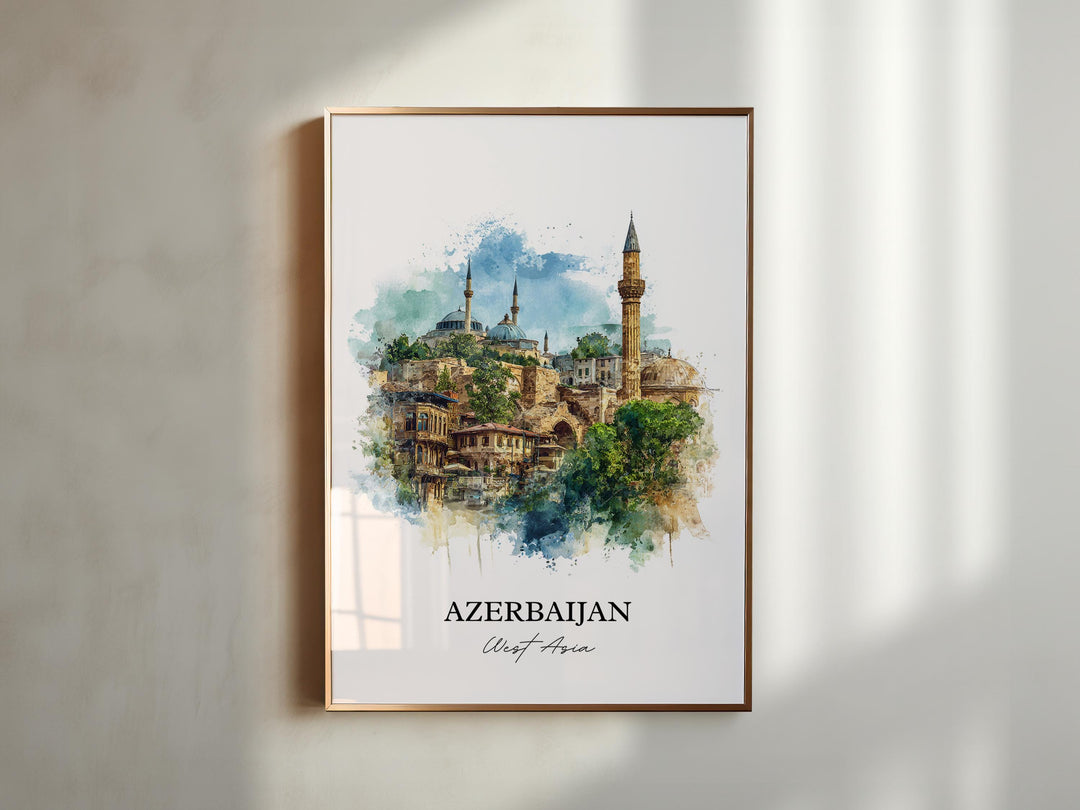 Azerbaijan Wall Art, Azerbaijan Print, Azerbaijan Watercolor Art, Azerbaijan Gift, Travel Print, Travel Poster, Housewarming Gift