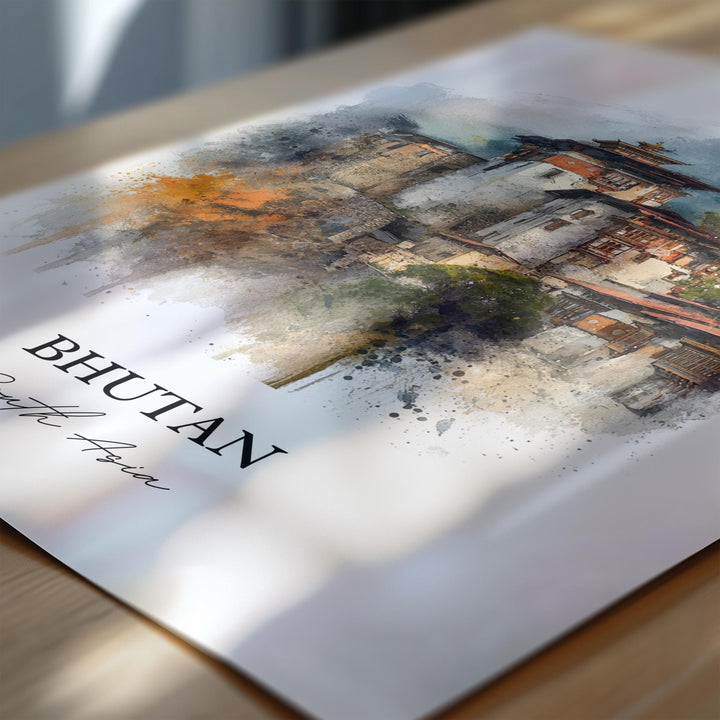 Bhutan Wall Art, Bhutan Print, Bhutan Watercolor Art, Bhutan Gift, Travel Print, Travel Poster, Housewarming Gift