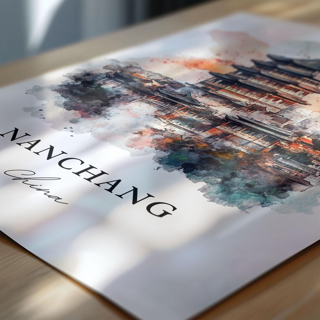 Nanchang Wall Art, Nanchang China Print, Jiangxi Province Watercolor Art, Jiangxi China Gift, Travel Print, Travel Poster, Housewarming Gift