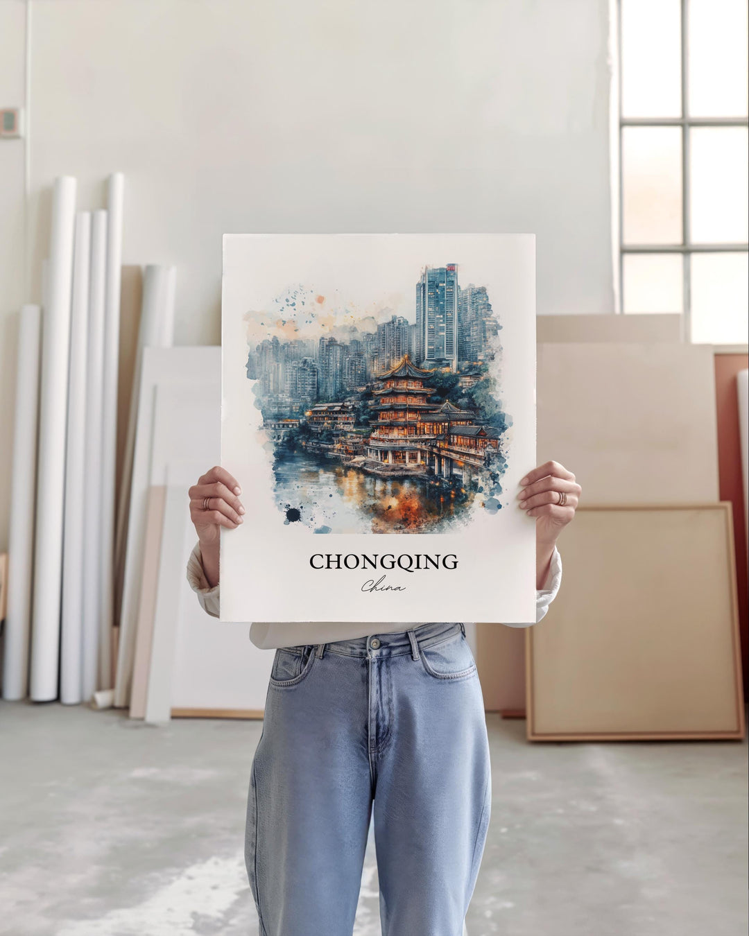 Chongqing China Wall Art, Yangtze Print, China Watercolor Art, Chongqing Gift, Travel Print, Travel Poster, Housewarming Gift