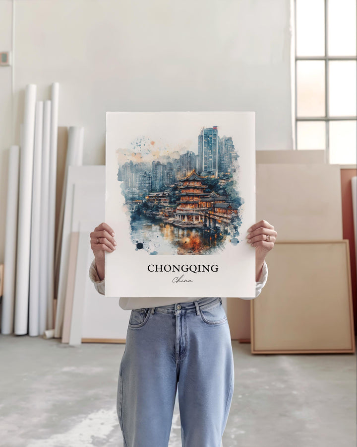 Chongqing China Wall Art, Yangtze Print, China Watercolor Art, Chongqing Gift, Travel Print, Travel Poster, Housewarming Gift
