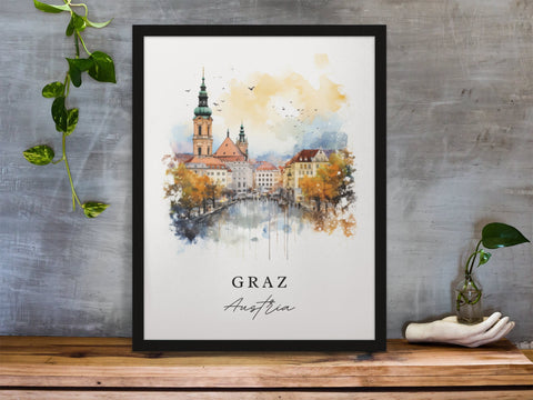 Graz traditional travel art - Austria, Graz poster, Wedding gift, Birthday present, Custom Text, Personalized Gift