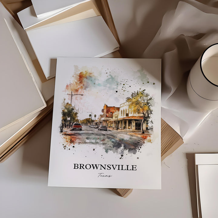 Brownsville TX Wall Art, Cameron County Print, Texas Watercolor Art, Brownsville Texas Gift, Travel Print, Travel Poster, Housewarming Gift