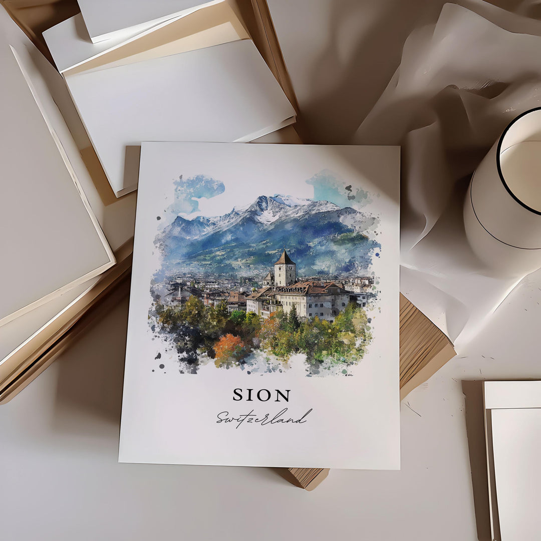 Sion Switzerland Wall Art, Sion Print, Sion Watercolor Art, Valais Switzerland Gift,