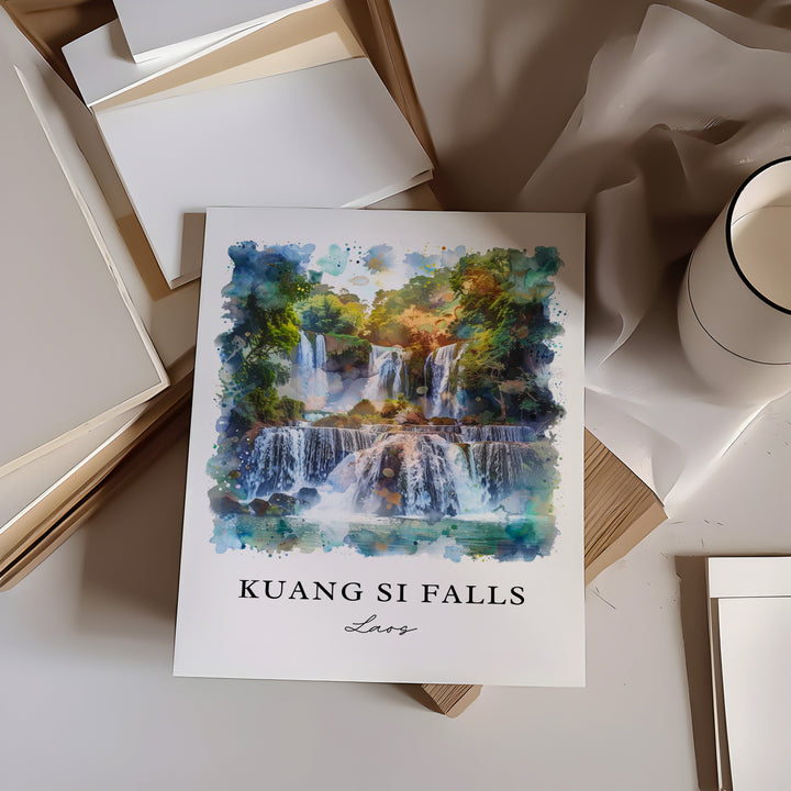 Kuang Si Falls Art, Kuang Si Print, Laos Watercolor, Kuang Xi Laos Gift,