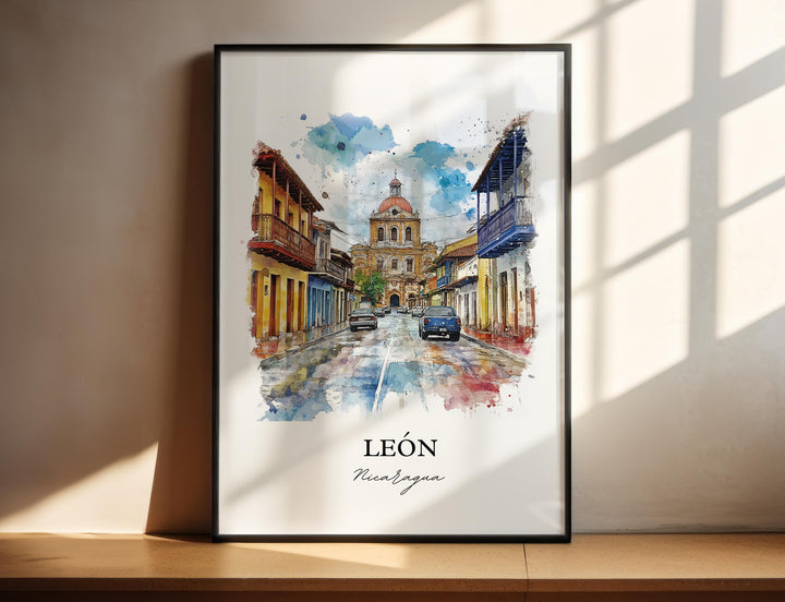 León Nicaragua Wall Art, León Print, Nicaragua Watercolor Art, Managua Gift, Travel Print, Travel Poster, Housewarming Gift