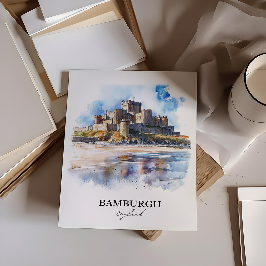 Bamburgh Wall Art, Northumberland Print, England Watercolor Art, Bamburgh England Gift, Travel Print, Travel Poster, Housewarming Gift