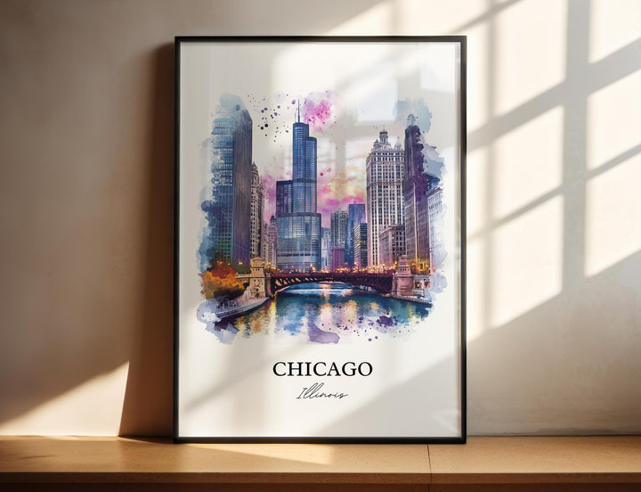 Chicago Wall Art, Chicago Print, Chicago Illinois Watercolor Art, Chicago Skyline Gift, Travel Print, Travel Poster, Housewarming Gift