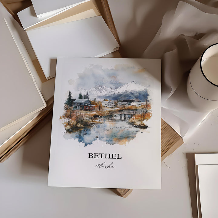 Bethel Alaska Wall Art, Kuskokwim River Print, Bethel Alaska Watercolor Art, Bethel AK Gift, Travel Print, Travel Poster, Housewarming Gift