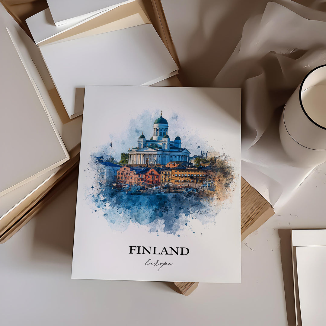 Finland Wall Art, Finland Print, Finland Watercolor Art, Finland Country Gift, Travel Print, Travel Poster, Housewarming Gift