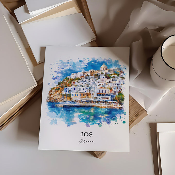 Ios Greece Wall Art, Cyclades Print, Greece Watercolor Art, Ios Greece Gift, Travel Print, Travel Poster, Housewarming Gift