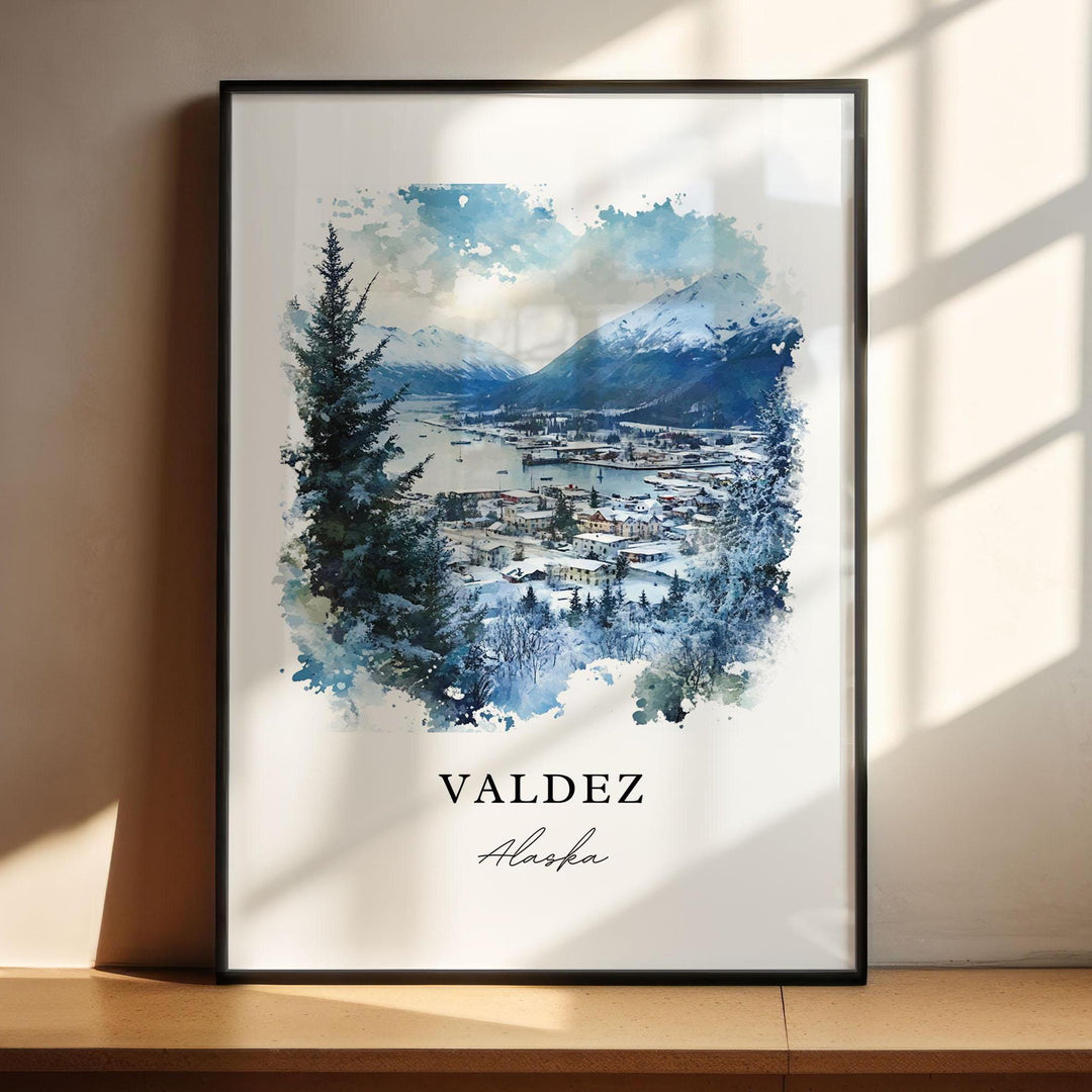 Valdez Alaska Wall Art, Valdez Alaska Print, Valdez Alaska Watercolor Art, Chugach AK Gift, Travel Poster, Housewarming Gift