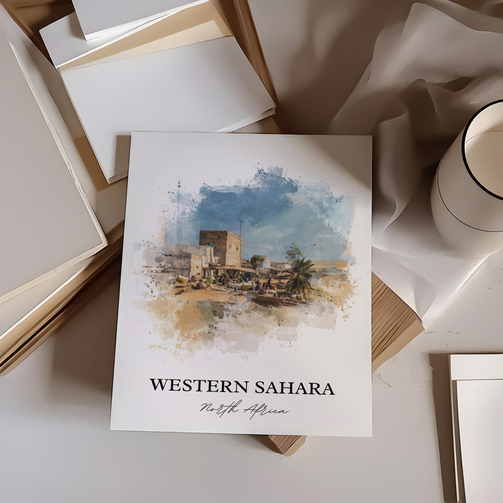 Western Sahara Wall Art, Africa Prints, Sahara Watercolor Art, Western Sahara Gift, Travel Print, Travel Poster, Housewarming Gift