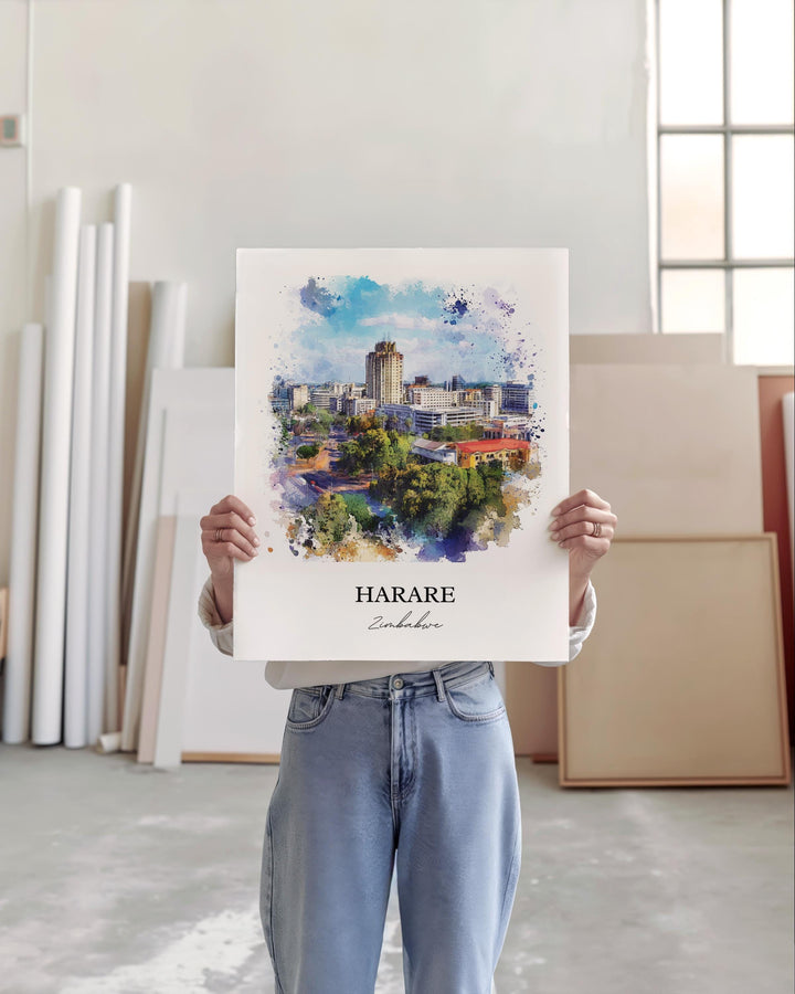 Harare Wall Art, Harare Print, Zimbabwe Watercolor Art, Harare Zimbabwe Gift, Travel Print, Travel Poster, Housewarming Gift