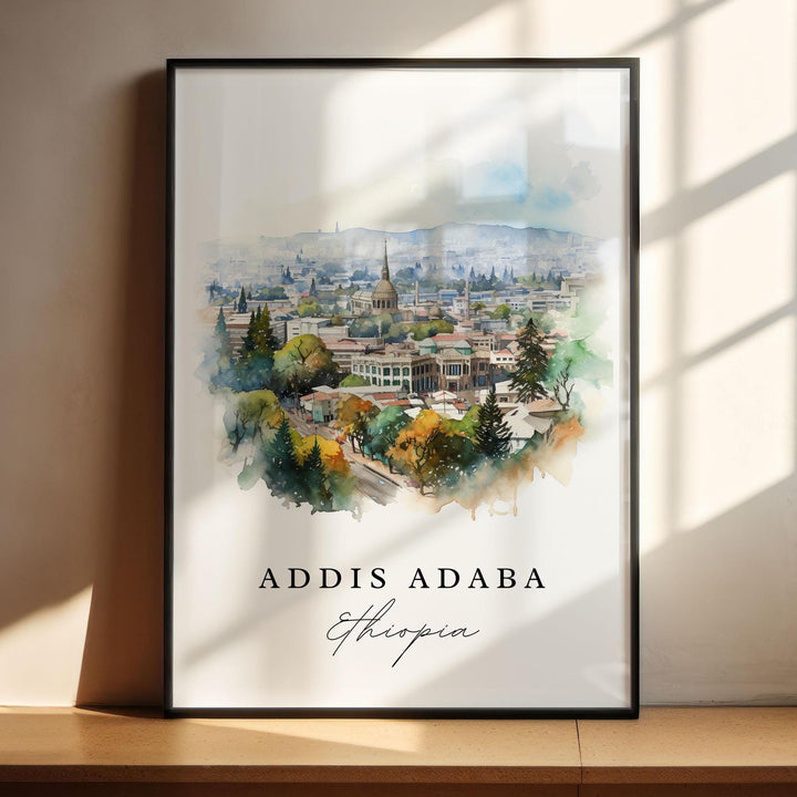Addis Ababa watercolor travel art - Ethiopia, Addis Ababa poster, Wedding gift, Birthday present, Custom Text, Personalized Gift