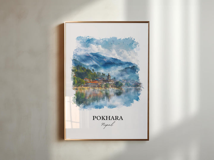 Pokhara Wall Art, Pokhara Nepal Print, Nepal Watercolor Art, Pokhara Nepal Gift, Travel Print, Travel Poster, Housewarming Gift