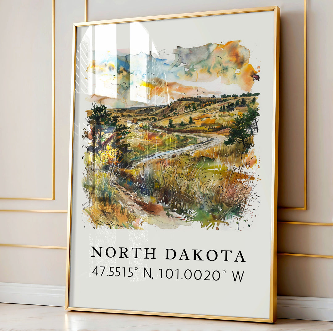 North Dakota wall art - North Dakota print with coordinates, Framed and Unframed Options - Personalization Available