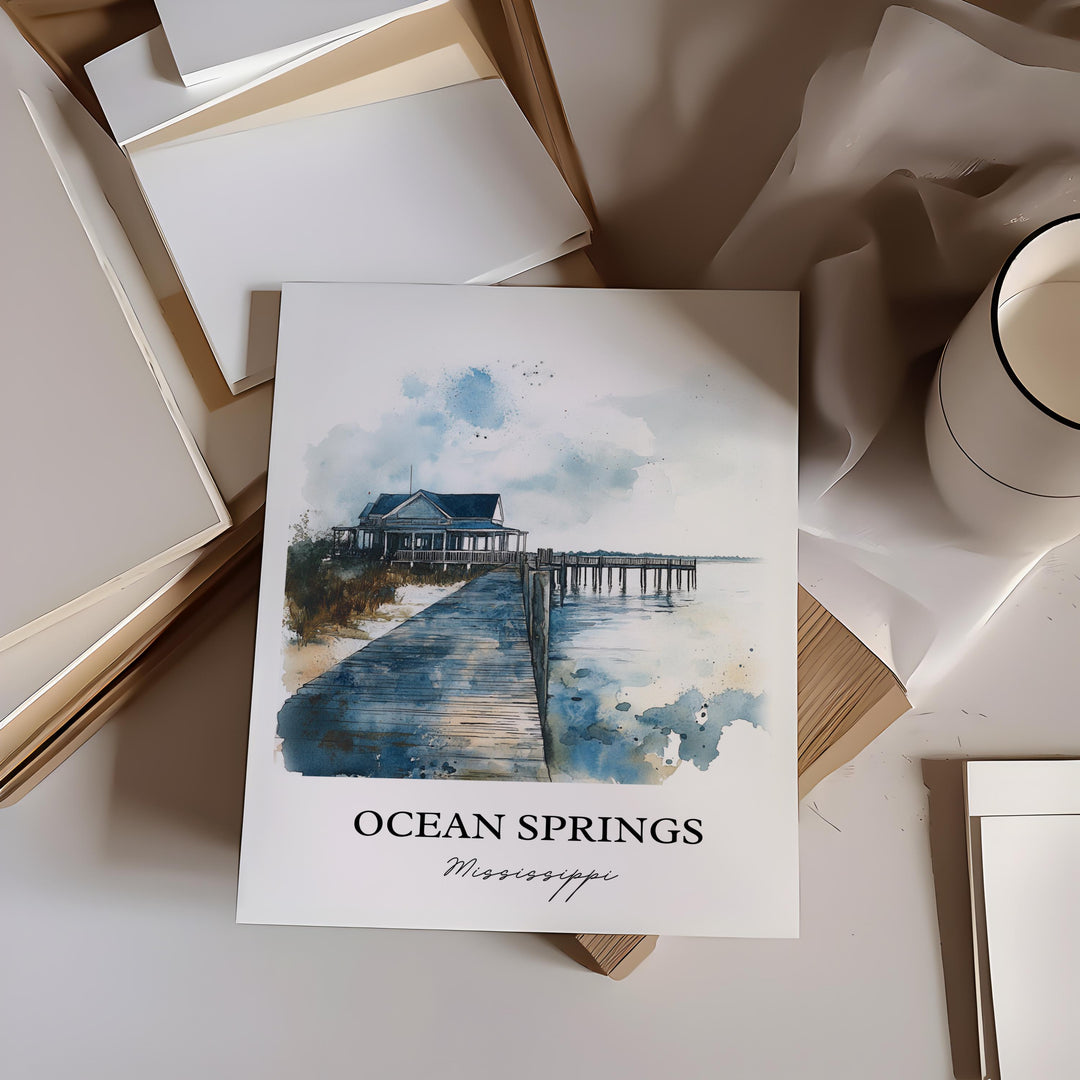Ocean Springs MS Wall Art, Ocean Springs Print, Mississippi Watercolor, Ocean Springs Gift, Travel Print, Travel Poster, Housewarming Gift