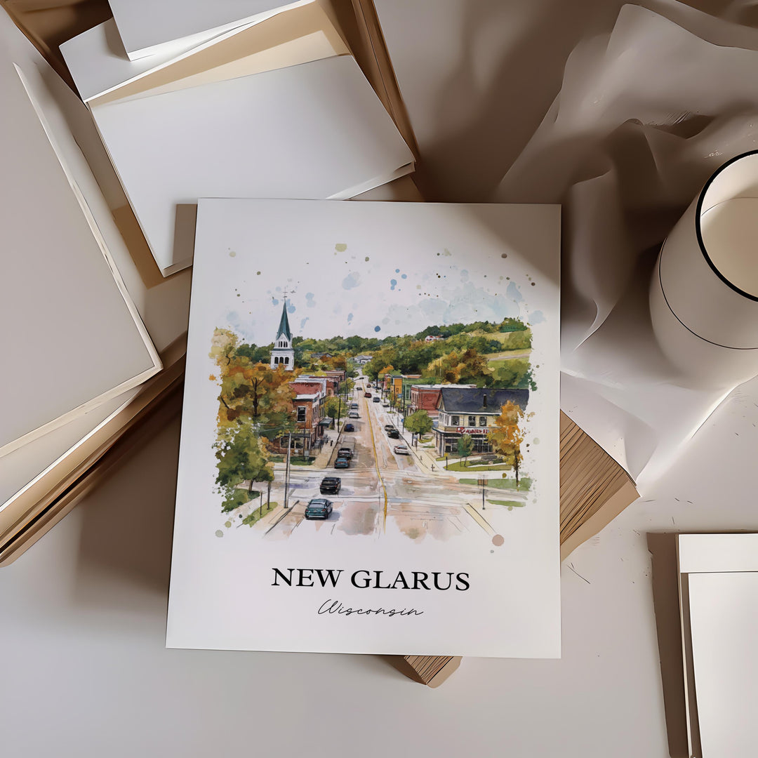 New Glarus Wall Art, New Glarus Print, Wisconsin Watercolor Art, New Glarus WI Gift, Travel Print, Travel Poster, Housewarming Gift