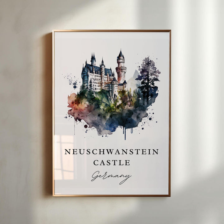 Neuschwanstein Art, Neuschwanstein Castle Print, Neuschwanstein Watercolor, Germany Gift,