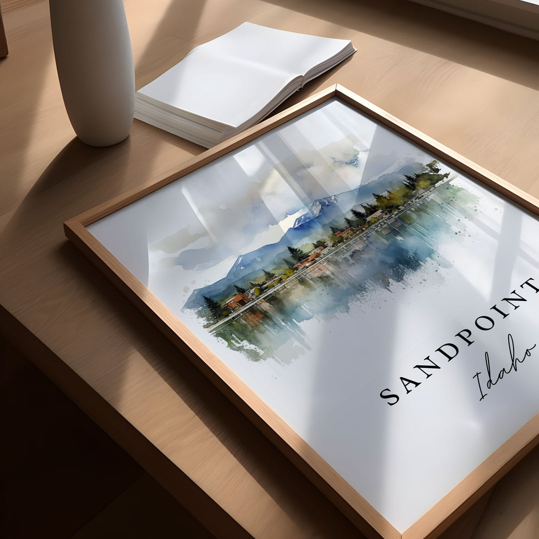 Sandpoint traditional travel art - Idaho, Sandpoint poster print, Wedding gift, Birthday present, Custom Text, Perfect Gift